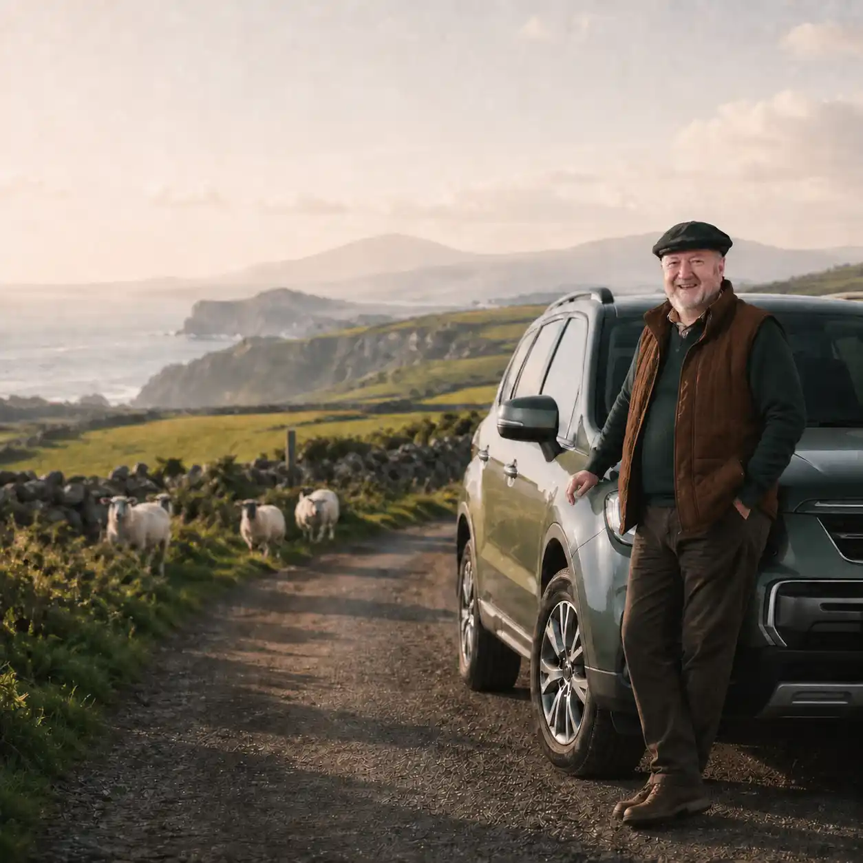 A rental car on a quiet Irish road through green hills